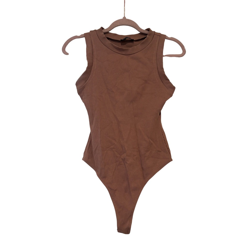 Naked Wardrobe sz S high neck ribbed coffee brown sleeveless body suit‎ J